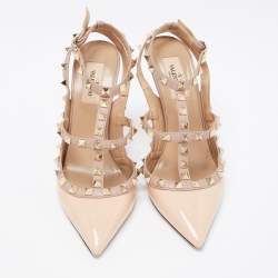 Valentino Beige Patent And Leather Rockstud  Caged Ankle Strap Sandals Size 38.5 