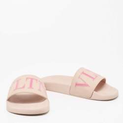 Pre Owned Valentino Pink Rubber VLTN Pool Slide Flat Size 38