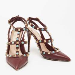 مملوكة مسبقًا صندل فالنتينو رولينغ جلد عنابي مرصع روكستد بسيور مقاس 34