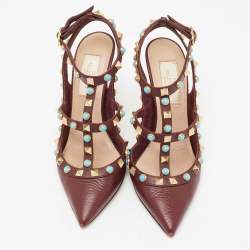 مملوكة مسبقًا صندل فالنتينو رولينغ جلد عنابي مرصع روكستد بسيور مقاس 34