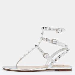 Pre Owned Valentino Metallic Silver Leather Rockstud T Strap Flat Sandals Size 37