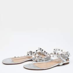 Pre Owned Valentino Metallic Silver Leather Rockstud T Strap Flat Sandals Size 37
