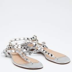 Pre Owned Valentino Metallic Silver Leather Rockstud T Strap Flat Sandals Size 37