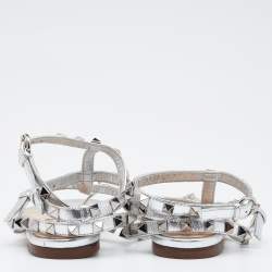 Pre Owned Valentino Metallic Silver Leather Rockstud T Strap Flat Sandals Size 37