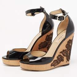Pre Owned Valentino Black Patent Leather Ankle Strap Wedge Sandals Size 37