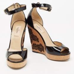 Pre Owned Valentino Black Patent Leather Ankle Strap Wedge Sandals Size 37