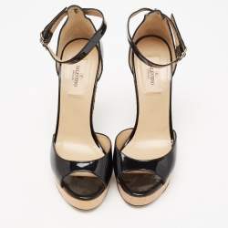 Pre Owned Valentino Black Patent Leather Ankle Strap Wedge Sandals Size 37