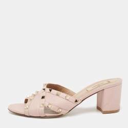 Valentino Light Pink Leather Criss Cross Rockstud Block Heel Slide Sandals Size 40
