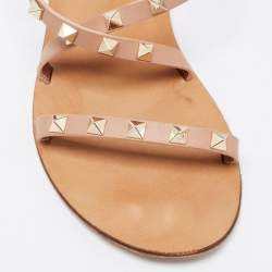 Pre Owned Valentino Beige Leather Rockstud Flat Gladiator Sandals Size 38.5