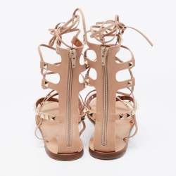 Pre Owned Valentino Beige Leather Rockstud Flat Gladiator Sandals Size 38.5