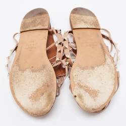 Pre Owned Valentino Beige Leather Rockstud Flat Gladiator Sandals Size 38.5