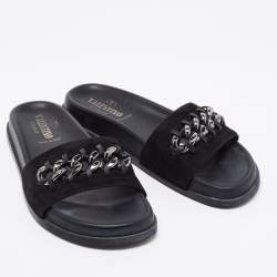 Pre Owned Valentino Black Suede Chain Detail Flat Slides Size 38