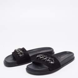 Pre Owned Valentino Black Suede Chain Detail Flat Slides Size 38