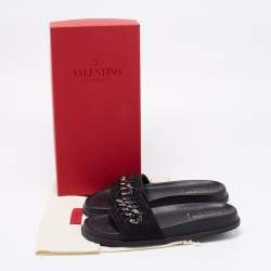 Pre Owned Valentino Black Suede Chain Detail Flat Slides Size 38