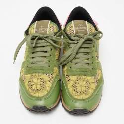 Pre Owned Valentino Multicolor Leather And Lace Rockrunner Sneakers Size 40