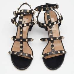 مملوكة مسبقًا صندل فالنتينو جلد أسود روكستد بسيور كعب مربع سميك مقاس 38