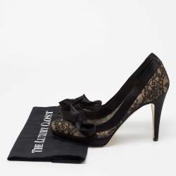 Pre Owned Valentino Black Lace And Satin Bow Round Toe Platform Pumps Size 39