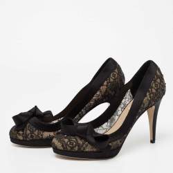 Pre Owned Valentino Black Lace And Satin Bow Round Toe Platform Pumps Size 39