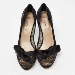 Pre Owned Valentino Black Lace And Satin Bow Round Toe Platform Pumps Size 39
