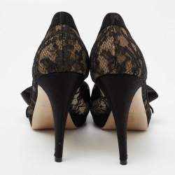 Pre Owned Valentino Black Lace And Satin Bow Round Toe Platform Pumps Size 39