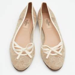 Pre Owned Valentino Beige Lace Bow Ballet Flats Size 37.5