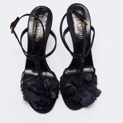 Pre Owned Valentino Black Satin Flower Embellished Ankle Strap Sandals Size 39