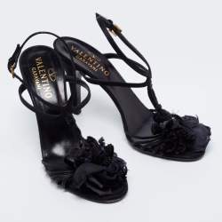 Pre Owned Valentino Black Satin Flower Embellished Ankle Strap Sandals Size 39