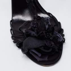 Pre Owned Valentino Black Satin Flower Embellished Ankle Strap Sandals Size 39