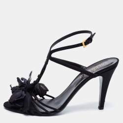 Pre Owned Valentino Black Satin Flower Embellished Ankle Strap Sandals Size 39