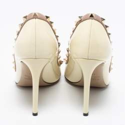 Pre Owned Valentino Cream Patent Leather Rockstud Pointed Toe Pumps Size 37.5