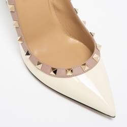 Pre Owned Valentino Cream Patent Leather Rockstud Pointed Toe Pumps Size 37.5
