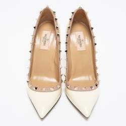 Pre Owned Valentino Cream Patent Leather Rockstud Pointed Toe Pumps Size 37.5