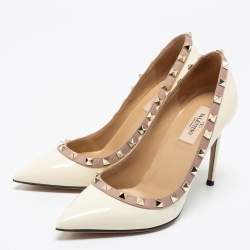 Pre Owned Valentino Cream Patent Leather Rockstud Pointed Toe Pumps Size 37.5