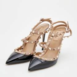 Pre Owned صندل فالنتينو جلد وجلد لامع بيج / أسود مقدمة مدببة مرصع مقاس 40