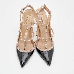 Pre Owned صندل فالنتينو جلد وجلد لامع بيج / أسود مقدمة مدببة مرصع مقاس 40