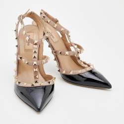 Pre Owned صندل فالنتينو جلد وجلد لامع بيج / أسود مقدمة مدببة مرصع مقاس 40