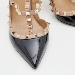 Pre Owned صندل فالنتينو جلد وجلد لامع بيج / أسود مقدمة مدببة مرصع مقاس 40