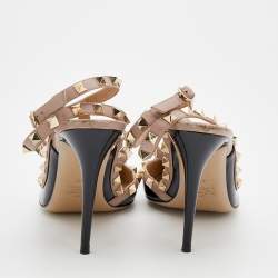 Pre Owned صندل فالنتينو جلد وجلد لامع بيج / أسود مقدمة مدببة مرصع مقاس 40