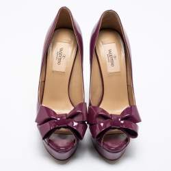 Pre Owned حذاء كعب عالي فالنتينو جلد لامع بنفسجي مقدمة مفتوحة فيونكة مقاس 36