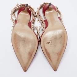 Pre Owned Valentino Burgundy/Pink Leather Rockstud Ankle-Strap Pumps Size 37