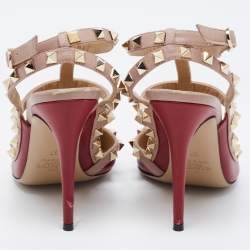 Pre Owned Valentino Burgundy/Pink Leather Rockstud Ankle-Strap Pumps Size 37