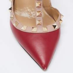 Pre Owned Valentino Burgundy/Pink Leather Rockstud Ankle-Strap Pumps Size 37