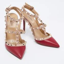 Pre Owned Valentino Burgundy/Pink Leather Rockstud Ankle-Strap Pumps Size 37