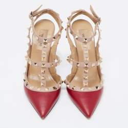 Pre Owned Valentino Burgundy/Pink Leather Rockstud Ankle-Strap Pumps Size 37