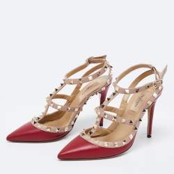 Pre Owned Valentino Burgundy/Pink Leather Rockstud Ankle-Strap Pumps Size 37