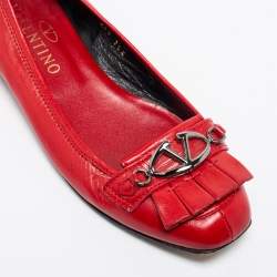 Pre Owned Valentino Red Leather Fringe Logo Buckle Ballet Flats Size 36.5