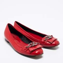 Pre Owned Valentino Red Leather Fringe Logo Buckle Ballet Flats Size 36.5