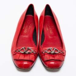 Pre Owned Valentino Red Leather Fringe Logo Buckle Ballet Flats Size 36.5