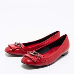 Pre Owned Valentino Red Leather Fringe Logo Buckle Ballet Flats Size 36.5