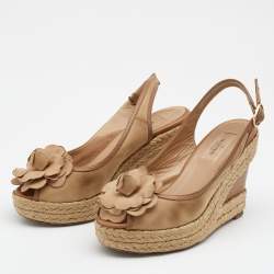 Pre Owned Valentino Beige Fabric And Leather Flower Platform Espadrille Wedge Slingback Sandals Size 36.5